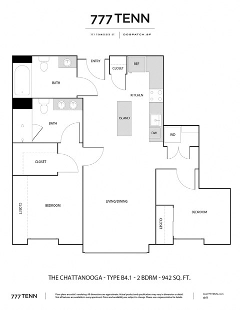 Floor plan for 2 beds, 2 baths, 942 sqft